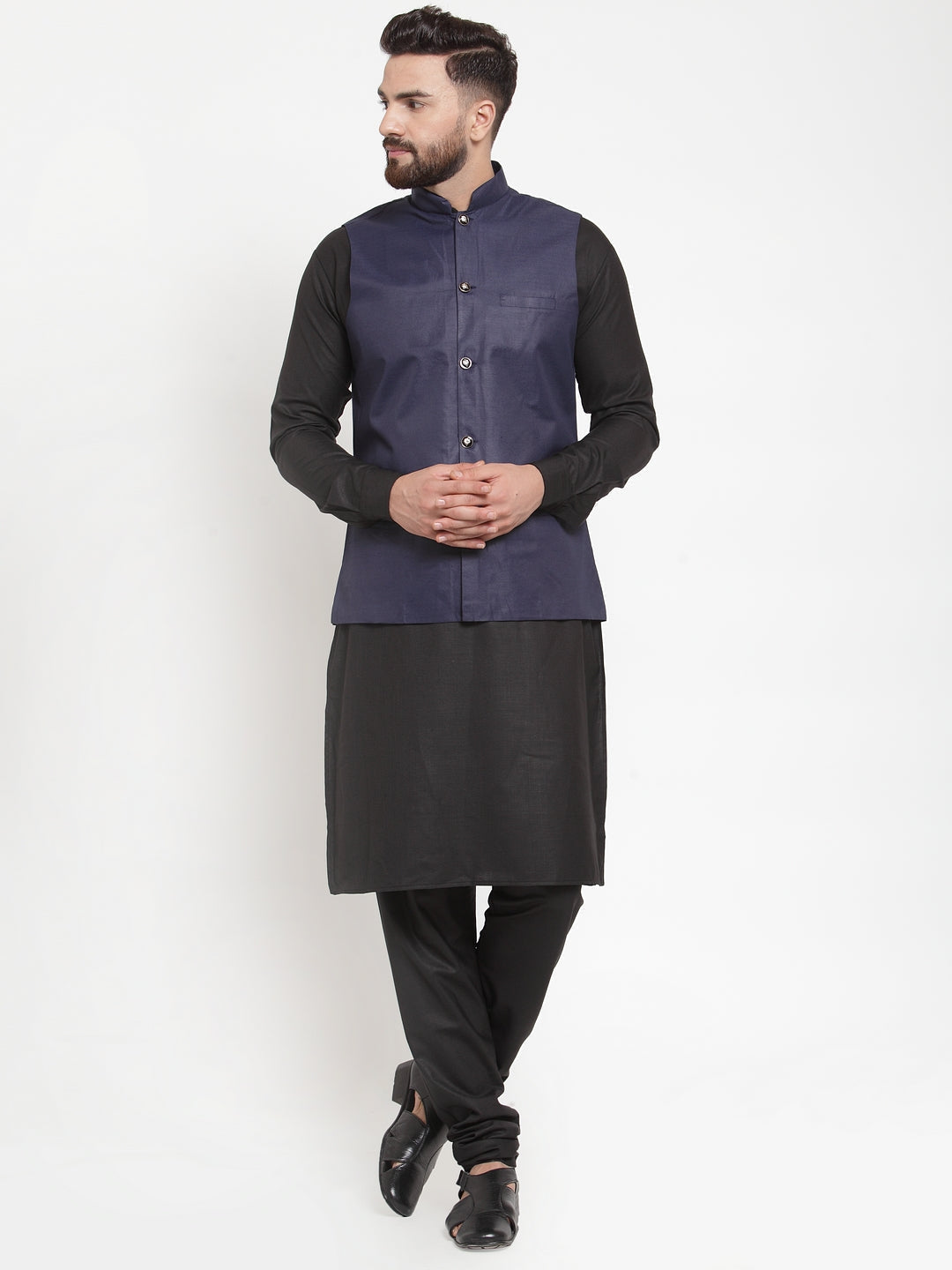 Jompers Men's Solid Kurta Pajama with Solid Waistcoat (Navy) | Grocsy