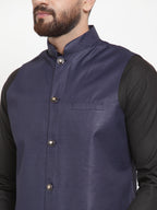 Jompers Men's Solid Kurta Pajama with Solid Waistcoat (Navy) | Grocsy