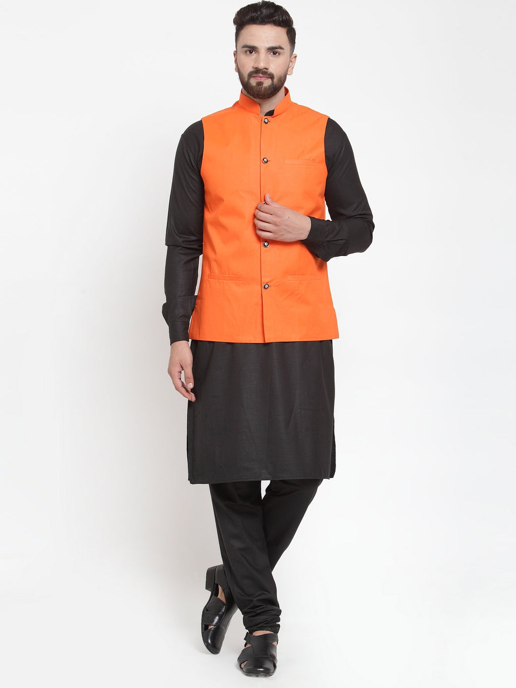 Jompers Men's Solid Kurta Pajama with Solid Waistcoat (Orange) | Grocsy