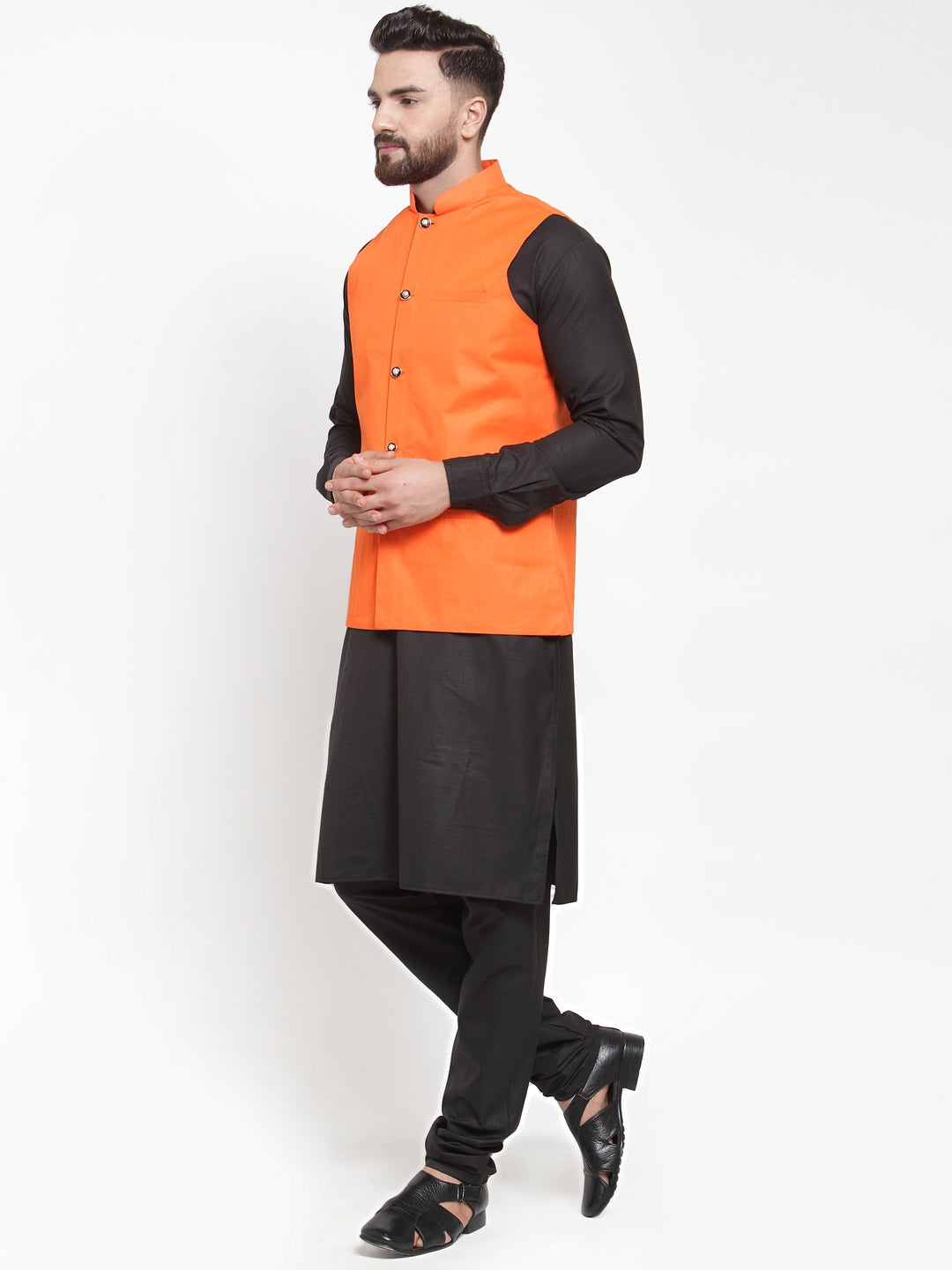 Jompers Men's Solid Kurta Pajama with Solid Waistcoat (Orange) | Grocsy