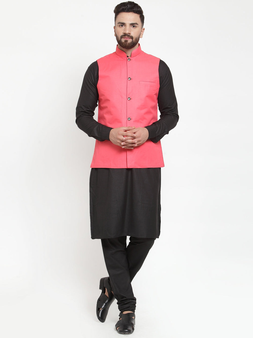 Jompers Men's Solid Kurta Pajama with Solid Waistcoat (Peach) | Grocsy