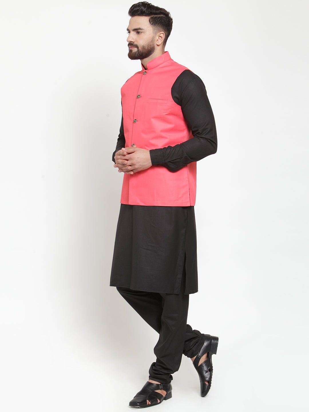 Jompers Men's Solid Kurta Pajama with Solid Waistcoat (Peach) | Grocsy