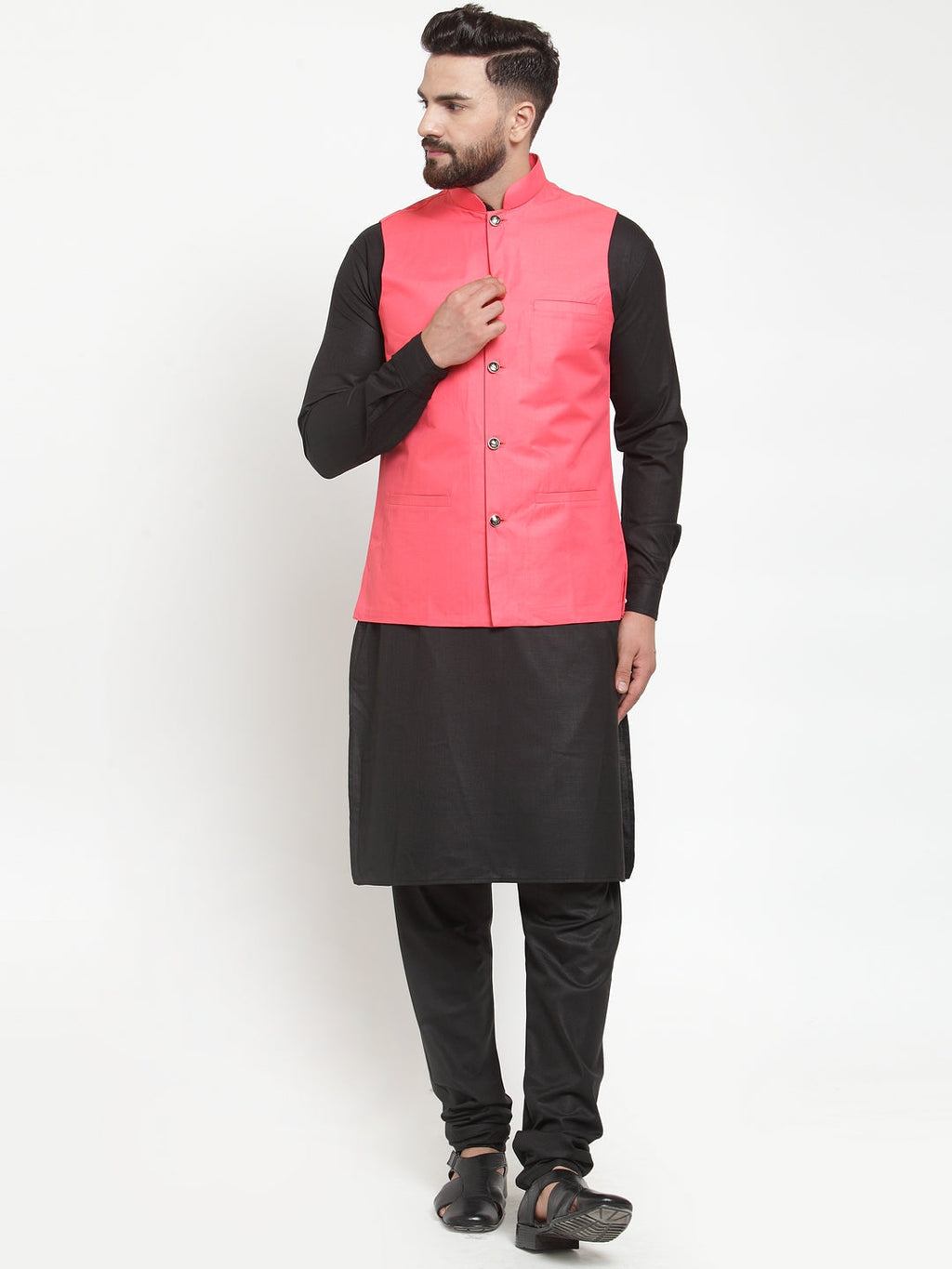 Jompers Men's Solid Kurta Pajama with Solid Waistcoat (Peach) | Grocsy
