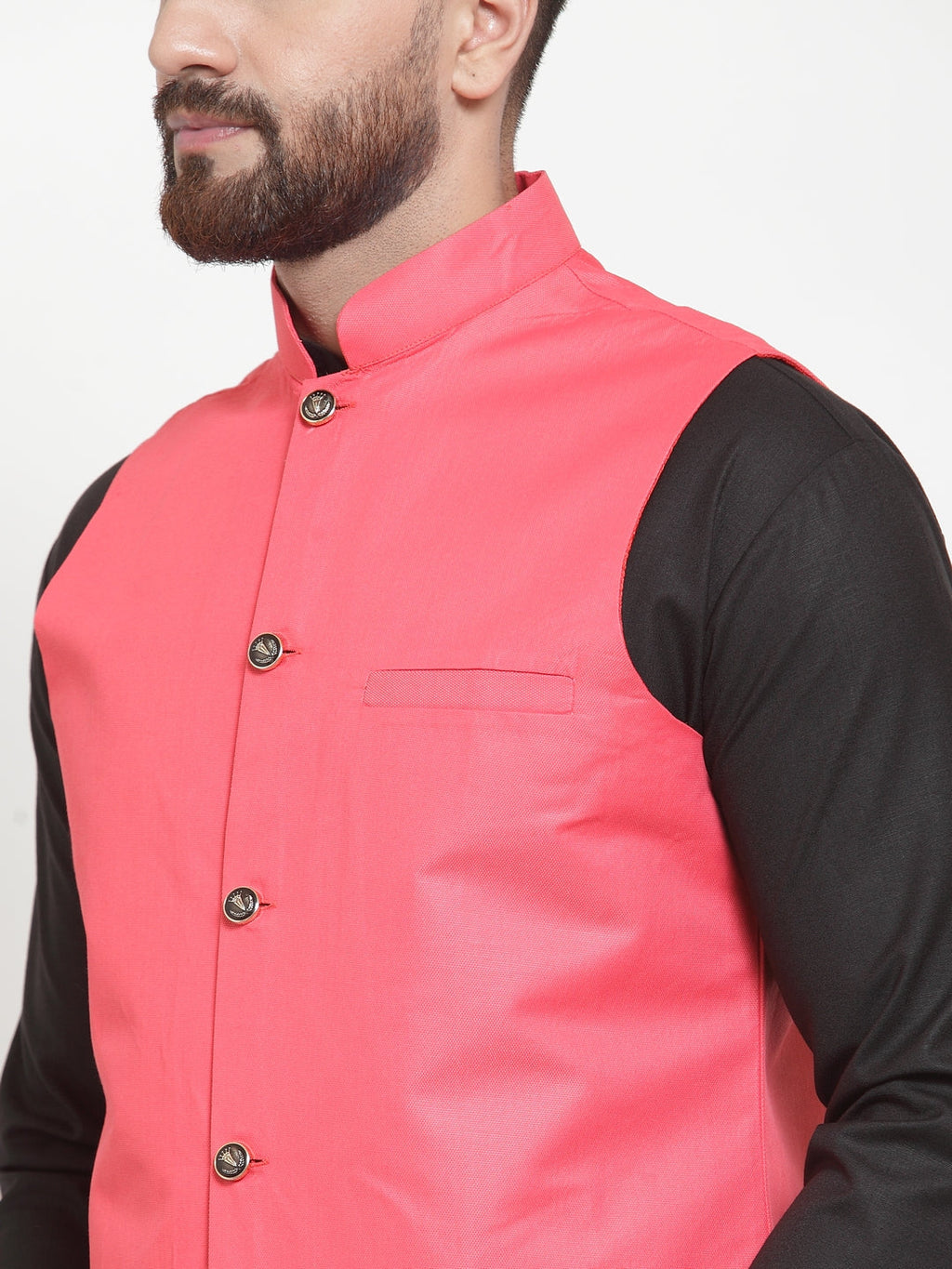 Jompers Men's Solid Kurta Pajama with Solid Waistcoat (Peach) | Grocsy