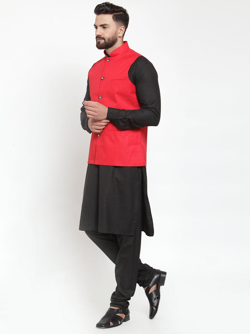 Jompers Men's Solid Kurta Pajama with Solid Waistcoat (Red) | Grocsy