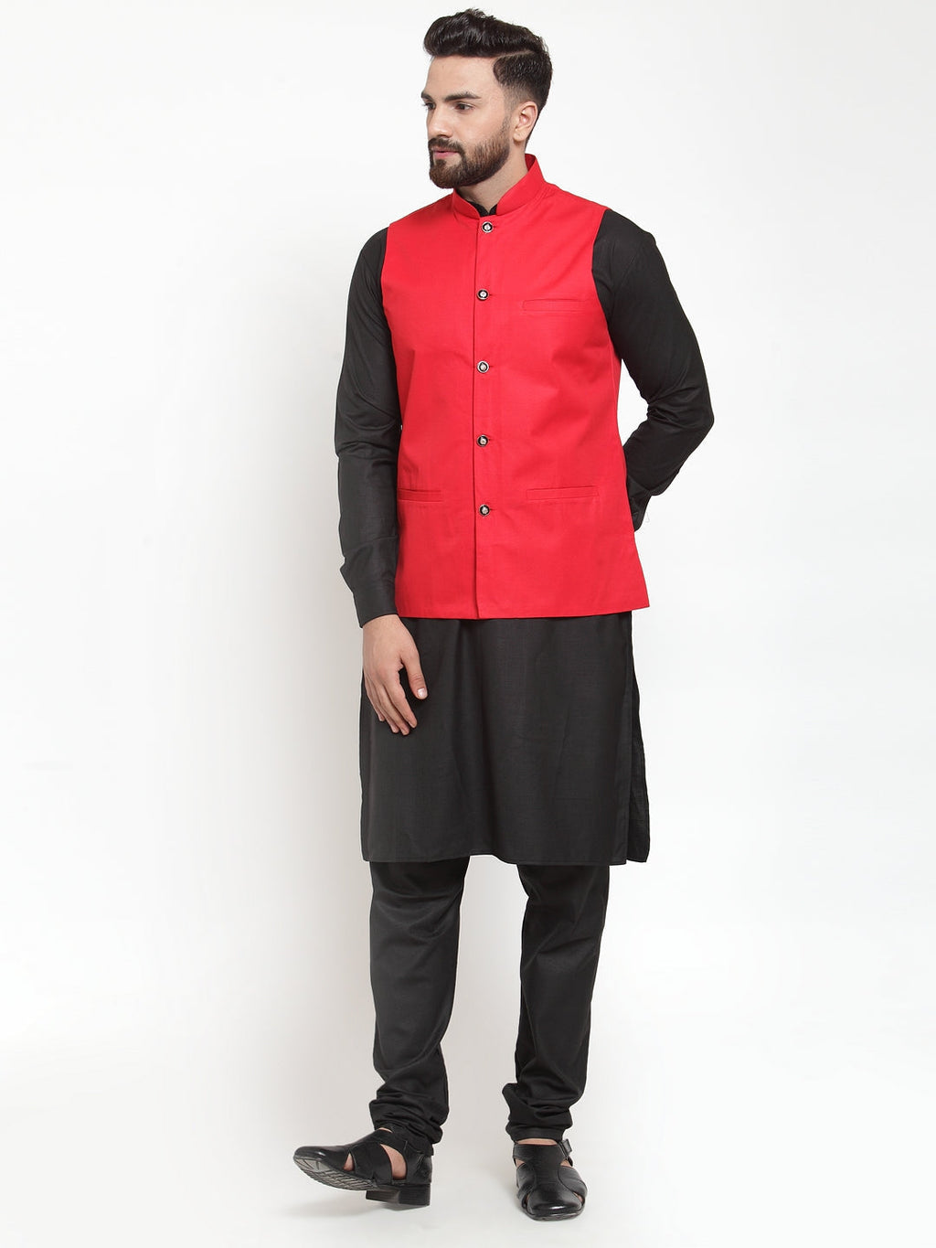 Jompers Men's Solid Kurta Pajama with Solid Waistcoat (Red) | Grocsy