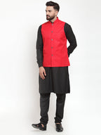 Jompers Men's Solid Kurta Pajama with Solid Waistcoat (Red) | Grocsy
