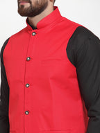 Jompers Men's Solid Kurta Pajama with Solid Waistcoat (Red) | Grocsy