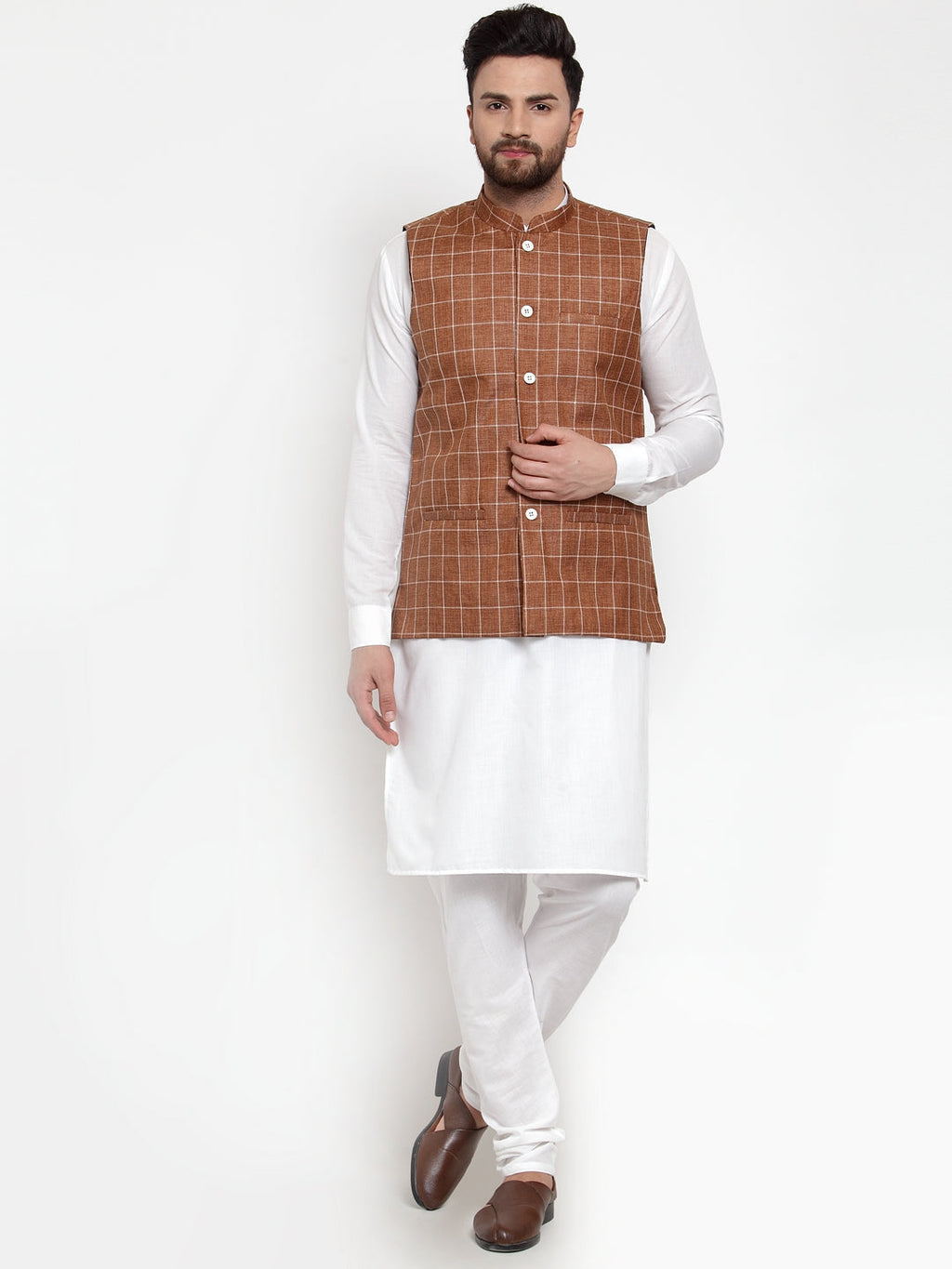 Jompers Men's Solid Kurta Pajama with Checked Waistcoat (Brown) | Grocsy
