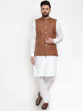 Jompers Men's Solid Kurta Pajama with Checked Waistcoat (Brown) | Grocsy