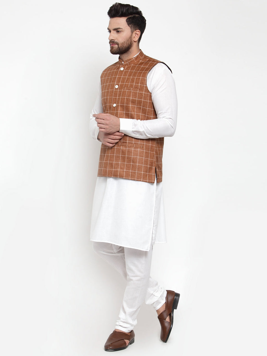 Jompers Men's Solid Kurta Pajama with Checked Waistcoat (Brown) | Grocsy
