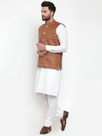 Jompers Men's Solid Kurta Pajama with Checked Waistcoat (Brown) | Grocsy