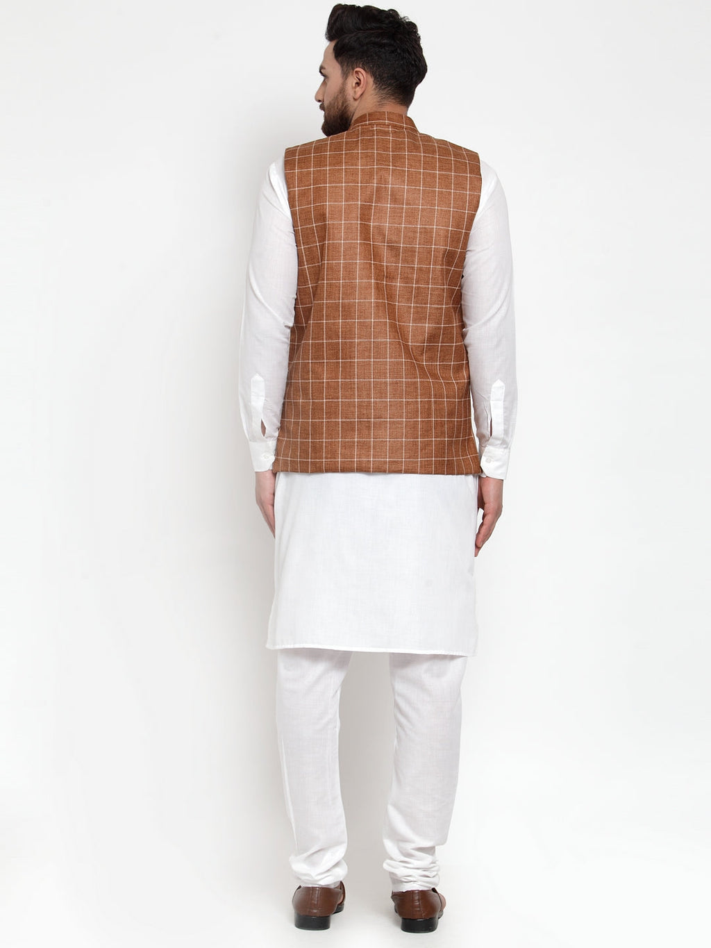 Jompers Men's Solid Kurta Pajama with Checked Waistcoat (Brown) | Grocsy
