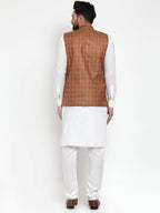 Jompers Men's Solid Kurta Pajama with Checked Waistcoat (Brown) | Grocsy