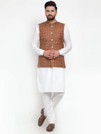 Jompers Men's Solid Kurta Pajama with Checked Waistcoat (Brown) | Grocsy