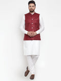 Jompers Men's Solid Kurta Pajama with Checked Waistcoat (Maroon) | Grocsy