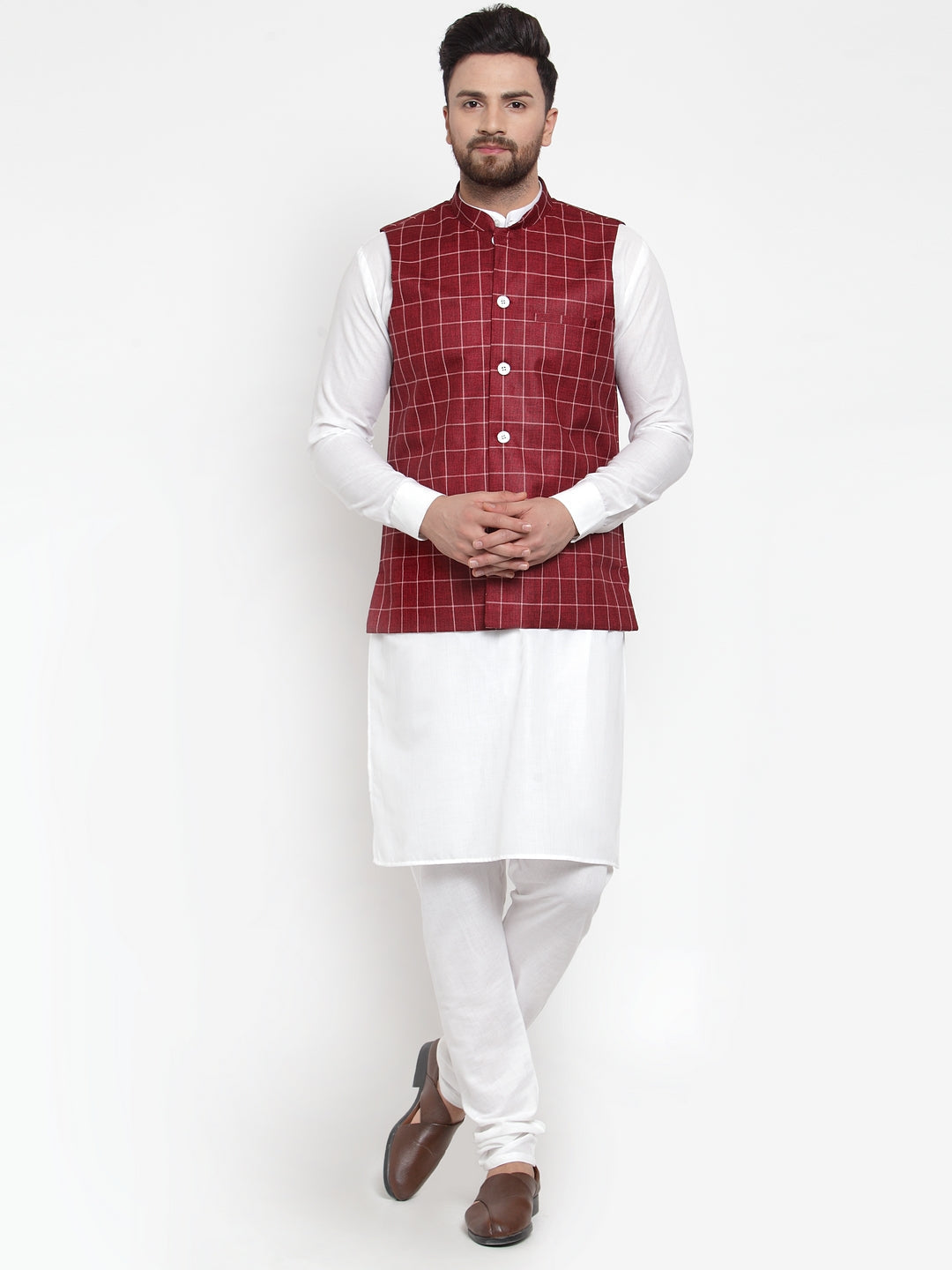 Jompers Men's Solid Kurta Pajama with Checked Waistcoat (Maroon) | Grocsy