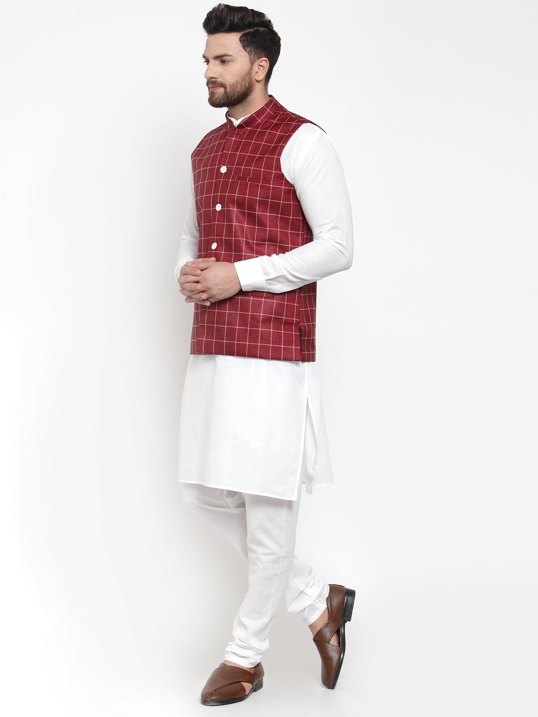 Jompers Men's Solid Kurta Pajama with Checked Waistcoat (Maroon) | Grocsy