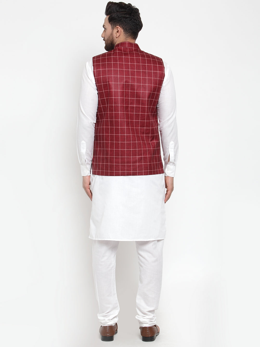 Jompers Men's Solid Kurta Pajama with Checked Waistcoat (Maroon) | Grocsy