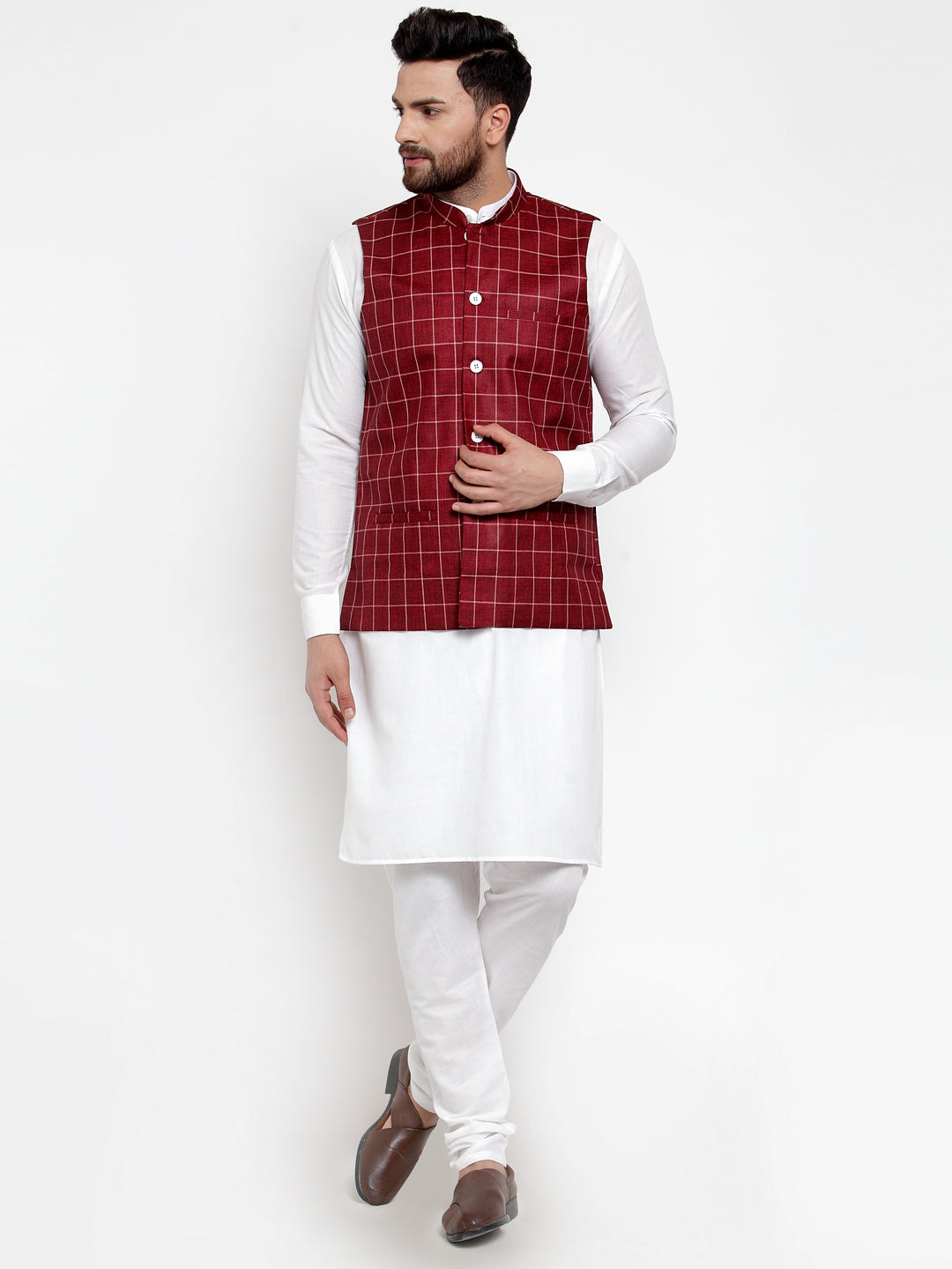 Jompers Men's Solid Kurta Pajama with Checked Waistcoat (Maroon) | Grocsy