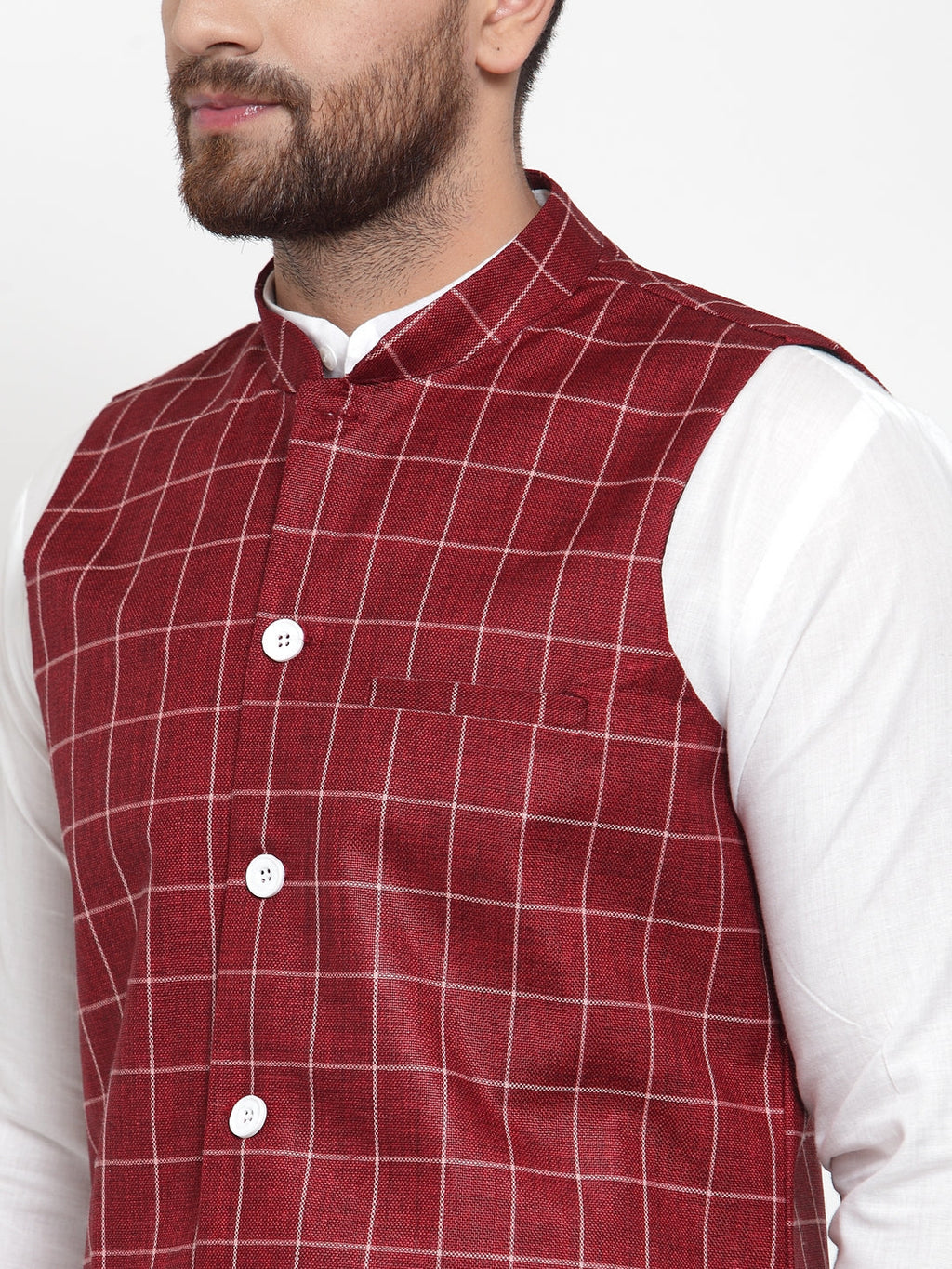 Jompers Men's Solid Kurta Pajama with Checked Waistcoat (Maroon) | Grocsy