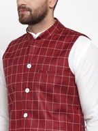 Jompers Men's Solid Kurta Pajama with Checked Waistcoat (Maroon) | Grocsy