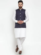 Jompers Men's Solid Kurta Pajama with Checked Waistcoat (Navy) | Grocsy