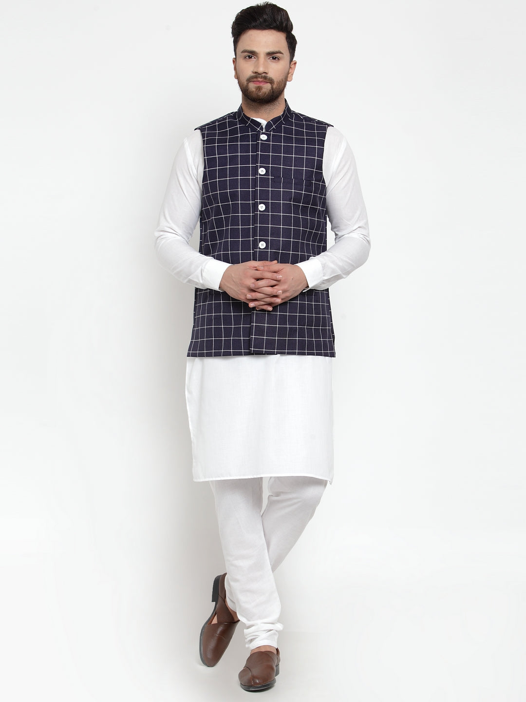 Jompers Men's Solid Kurta Pajama with Checked Waistcoat (Navy) | Grocsy