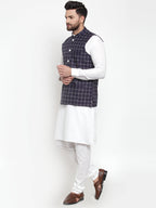 Jompers Men's Solid Kurta Pajama with Checked Waistcoat (Navy) | Grocsy