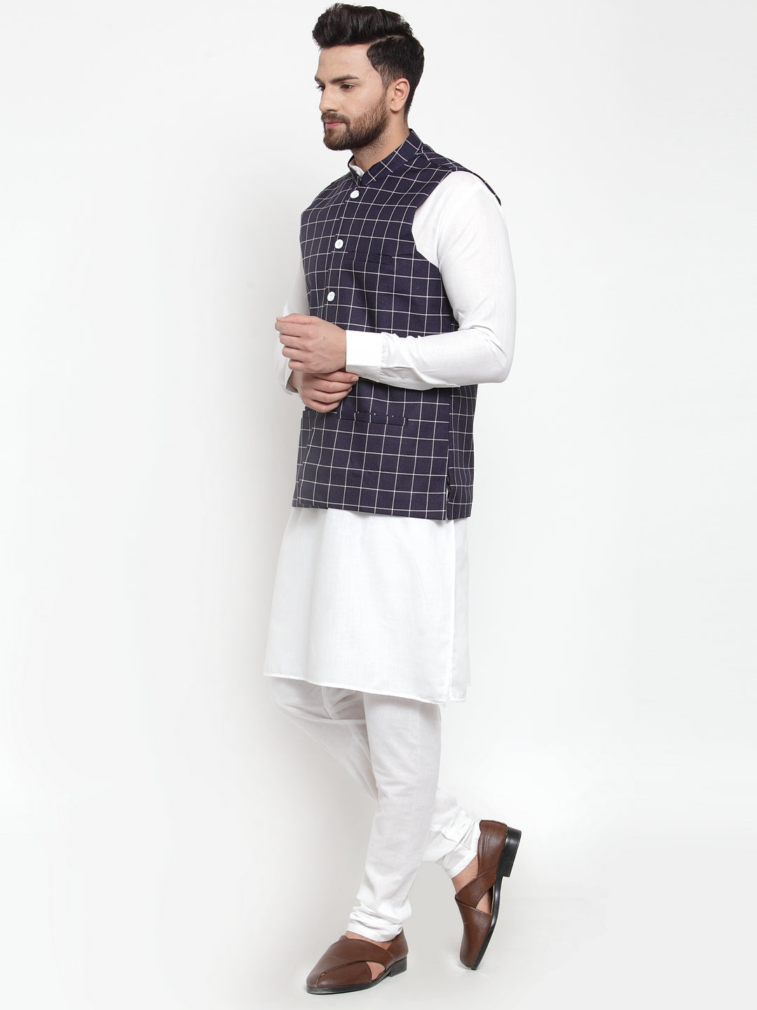 Jompers Men's Solid Kurta Pajama with Checked Waistcoat (Navy) | Grocsy