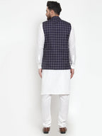 Jompers Men's Solid Kurta Pajama with Checked Waistcoat (Navy) | Grocsy