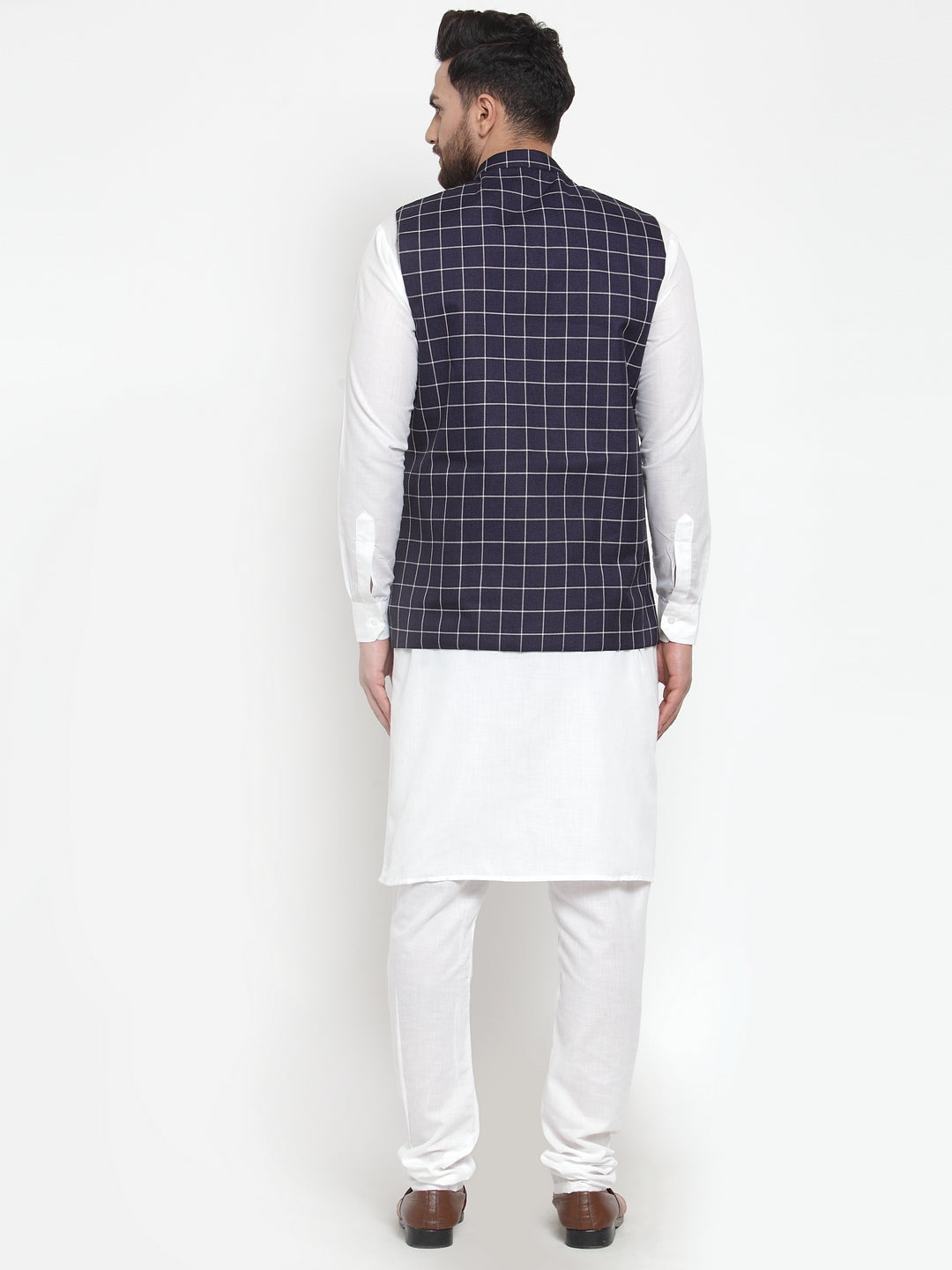 Jompers Men's Solid Kurta Pajama with Checked Waistcoat (Navy) | Grocsy