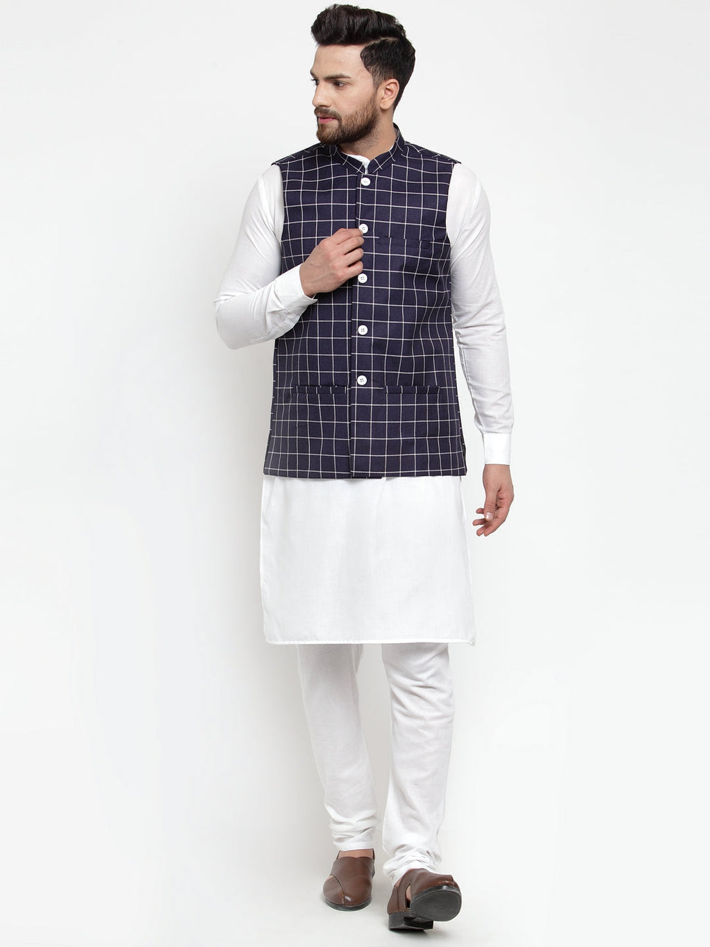 Jompers Men's Solid Kurta Pajama with Checked Waistcoat (Navy) | Grocsy