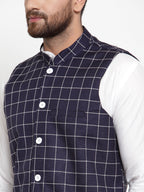 Jompers Men's Solid Kurta Pajama with Checked Waistcoat (Navy) | Grocsy