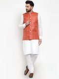 Jompers Men's Solid Kurta Pajama with Checked Waistcoat (Peach) | Grocsy
