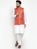 Jompers Men's Solid Kurta Pajama with Checked Waistcoat (Peach) | Grocsy
