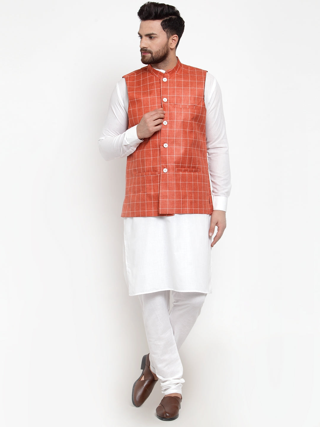 Jompers Men's Solid Kurta Pajama with Checked Waistcoat (Peach) | Grocsy