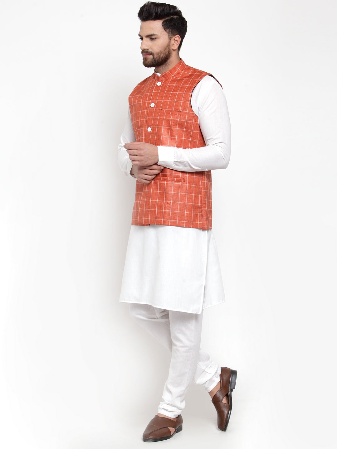 Jompers Men's Solid Kurta Pajama with Checked Waistcoat (Peach) | Grocsy
