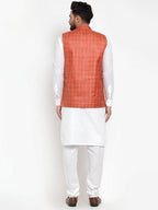 Jompers Men's Solid Kurta Pajama with Checked Waistcoat (Peach) | Grocsy