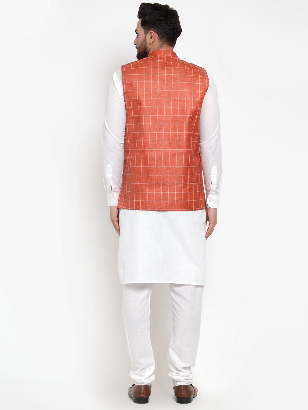 Jompers Men's Solid Kurta Pajama with Checked Waistcoat (Peach) | Grocsy
