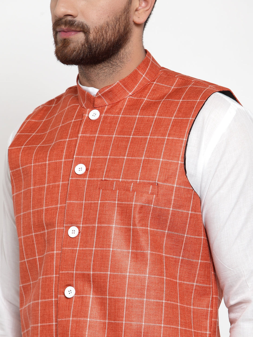 Jompers Men's Solid Kurta Pajama with Checked Waistcoat (Peach) | Grocsy