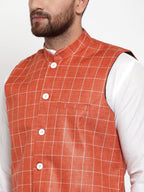 Jompers Men's Solid Kurta Pajama with Checked Waistcoat (Peach) | Grocsy