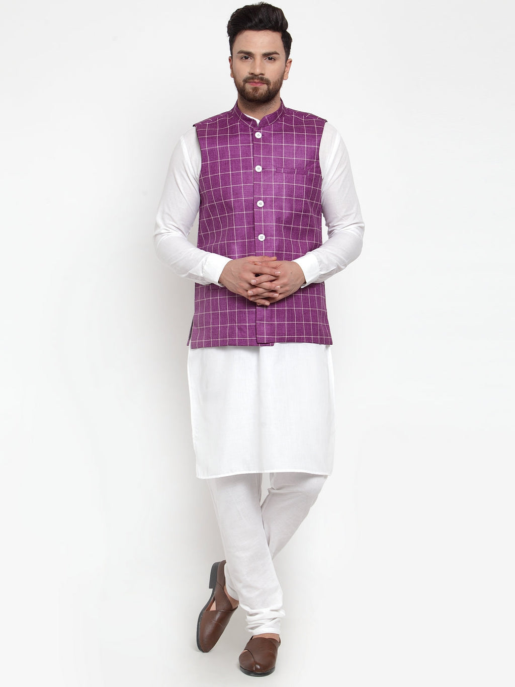 Jompers Men's Solid Kurta Pajama with Checked Waistcoat (Purple) | Grocsy