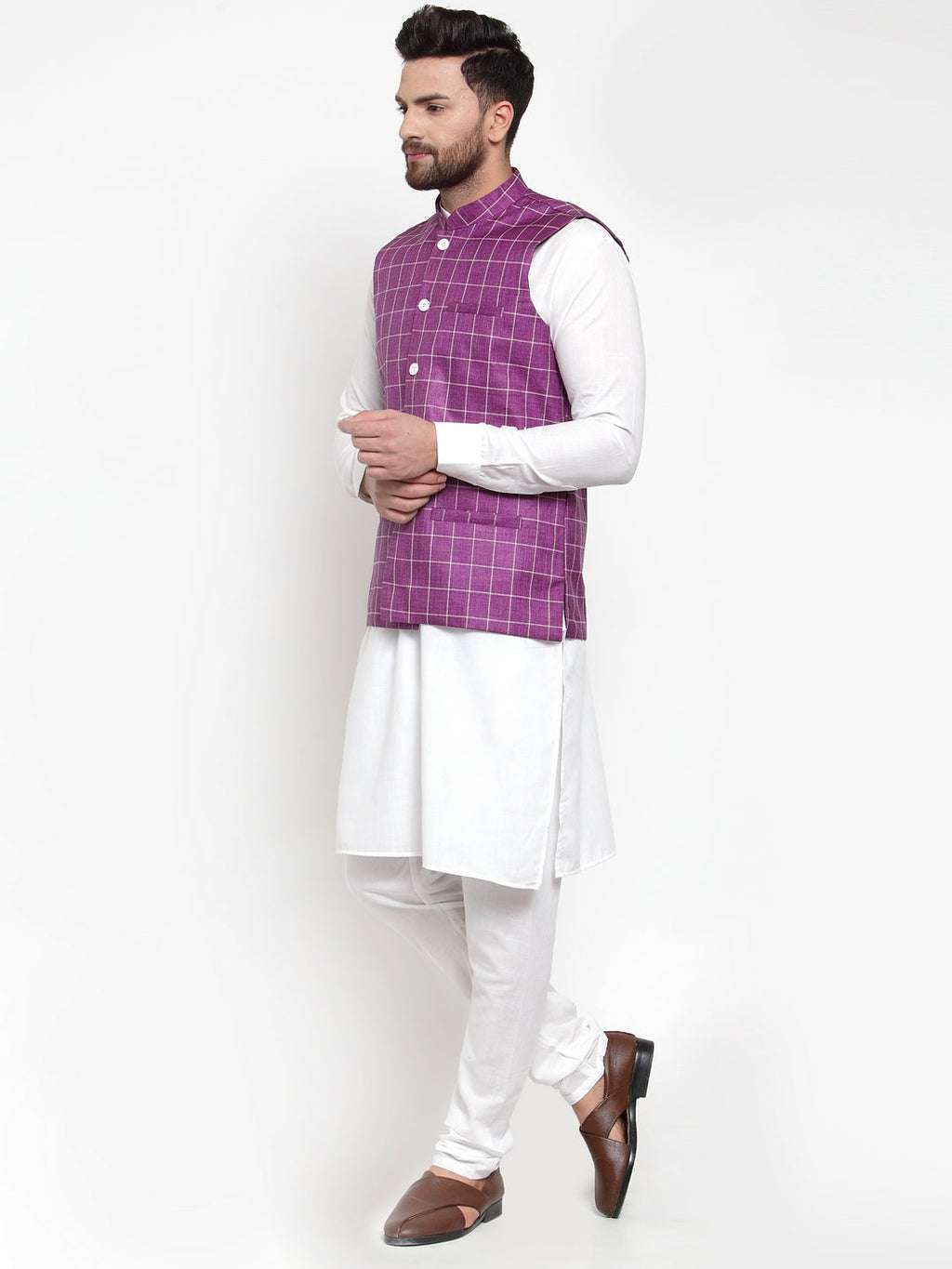 Jompers Men's Solid Kurta Pajama with Checked Waistcoat (Purple) | Grocsy