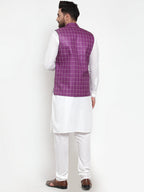 Jompers Men's Solid Kurta Pajama with Checked Waistcoat (Purple) | Grocsy