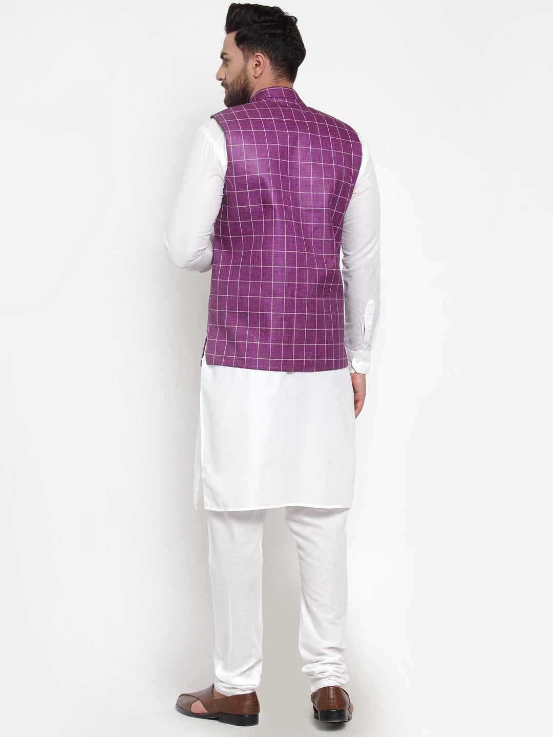Jompers Men's Solid Kurta Pajama with Checked Waistcoat (Purple) | Grocsy