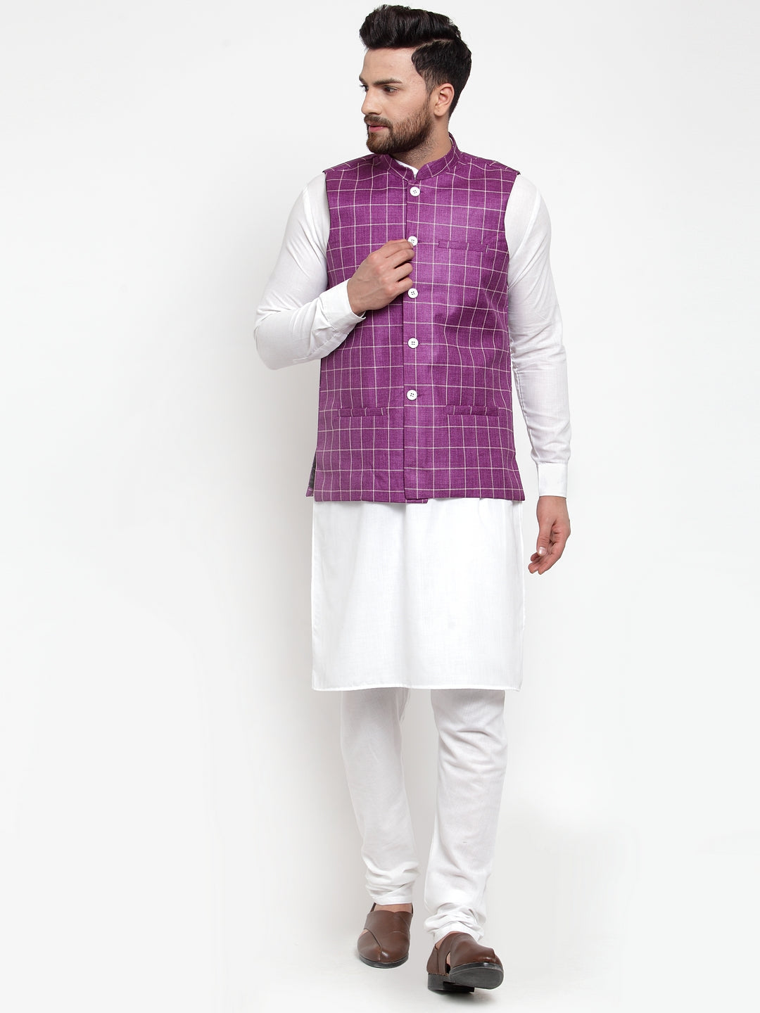 Jompers Men's Solid Kurta Pajama with Checked Waistcoat (Purple) | Grocsy