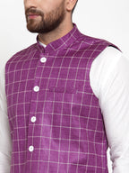 Jompers Men's Solid Kurta Pajama with Checked Waistcoat (Purple) | Grocsy