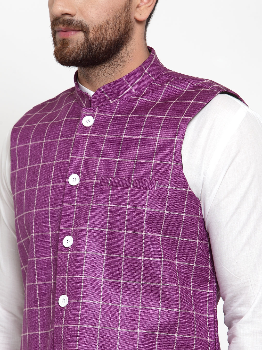 Jompers Men's Solid Kurta Pajama with Checked Waistcoat (Purple) | Grocsy