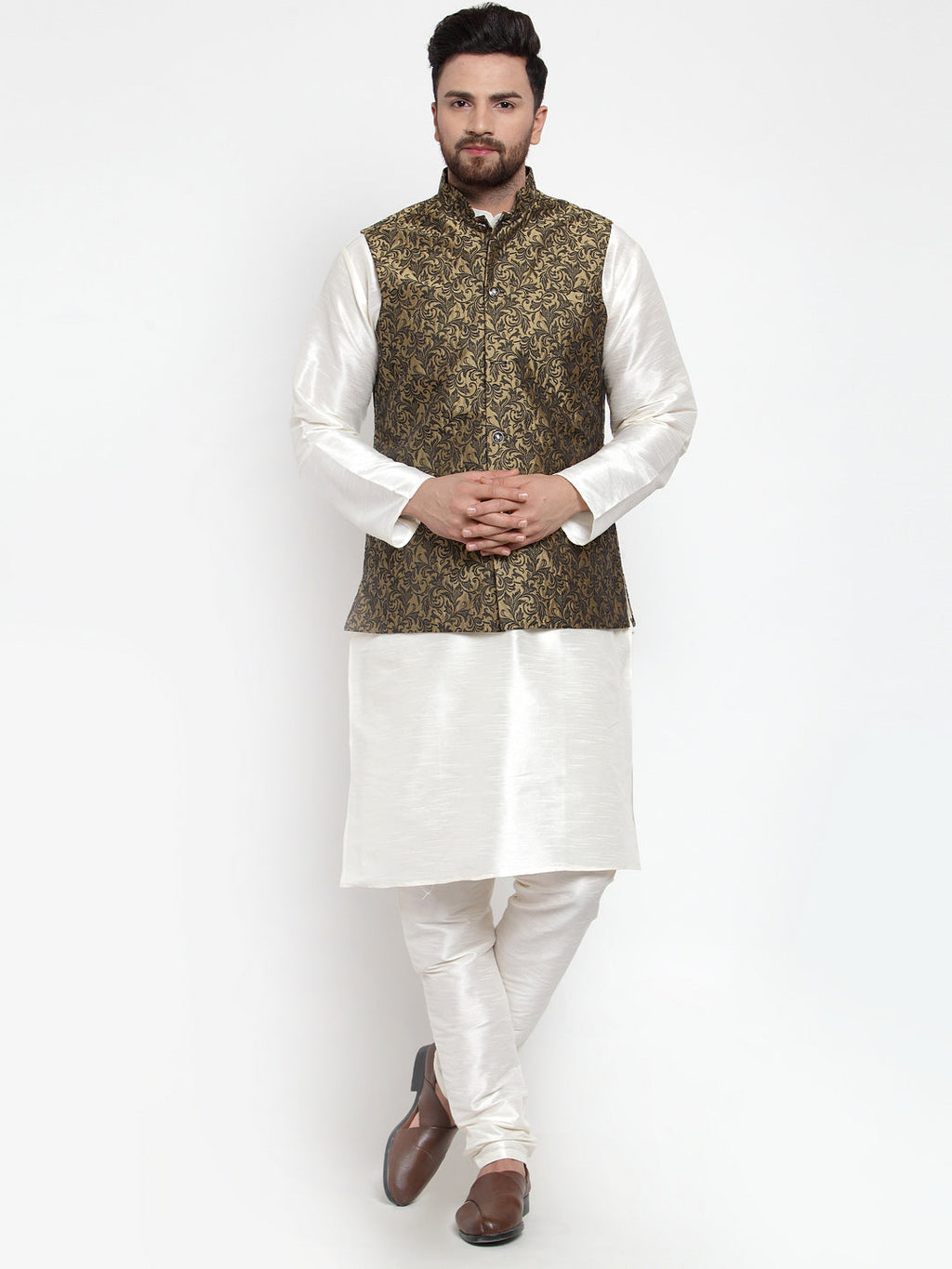 Jompers Men's Solid Dupion Kurta Pajama with Woven Jacquard Waistcoat (Gold) | Grocsy